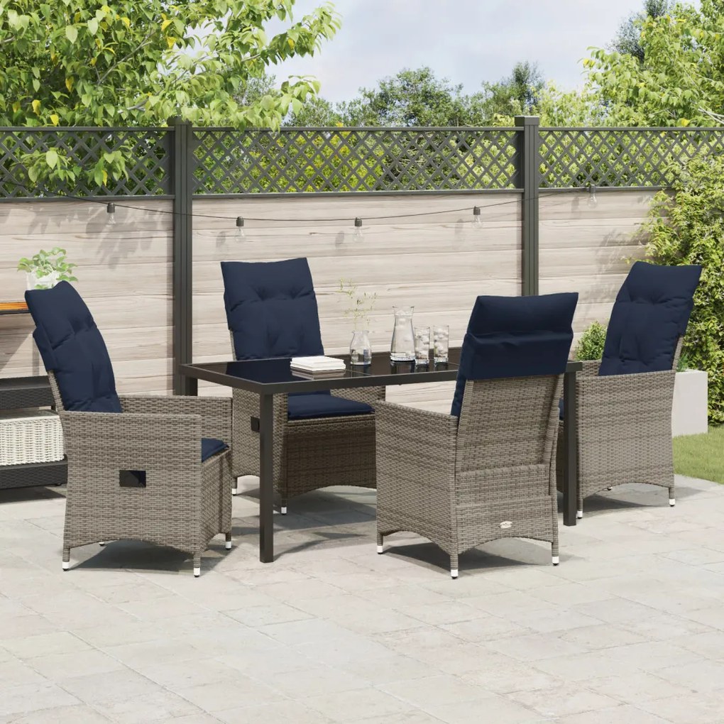 5 darabos kerti étkező garnitúra párnákkal szürke poli rattan, Kerti asztal fekete 160x80x73 cm edzett üveg