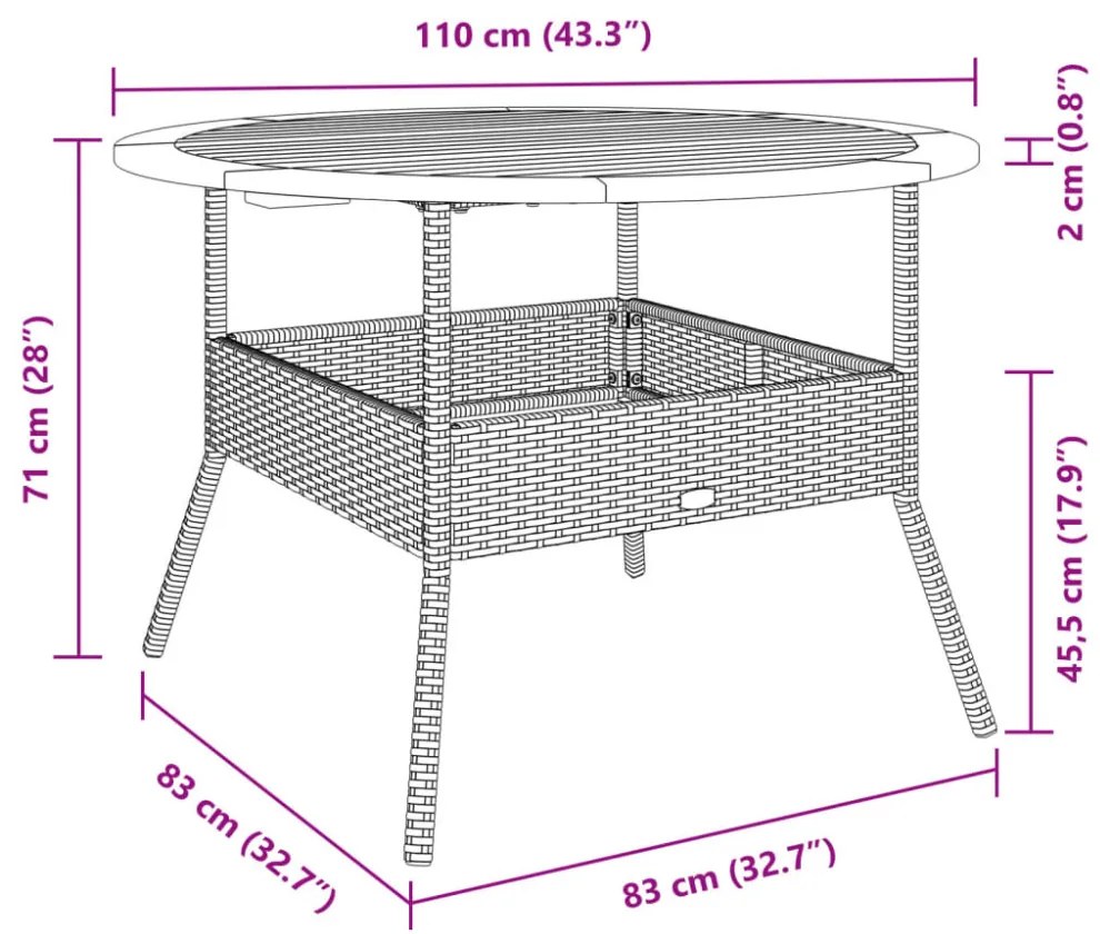 szürke polyrattan kerti asztal akácfa lappal Ø110 x 71 cm