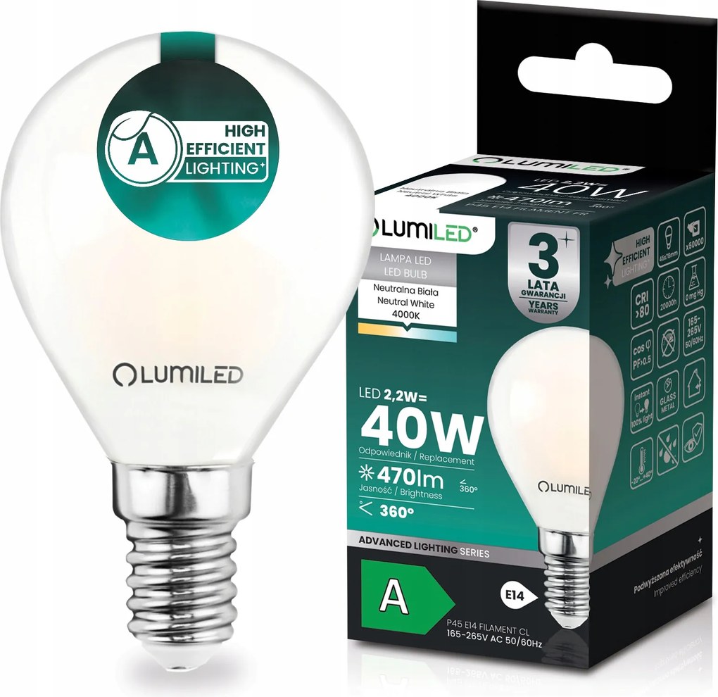 Led Izzó E14 Filament Class A 2,2W 470LM 40W 4000K 360° Golyó