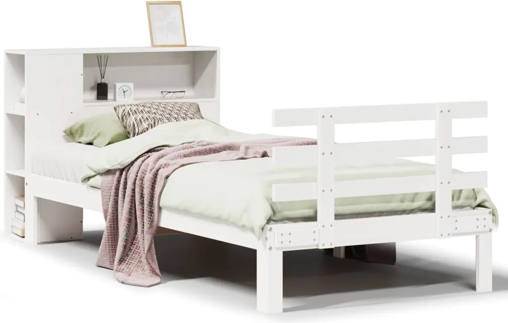 vidaXL fehér tömör fenyőfa könyvespolcos ágy matrac nélkül 75 x 190 cm