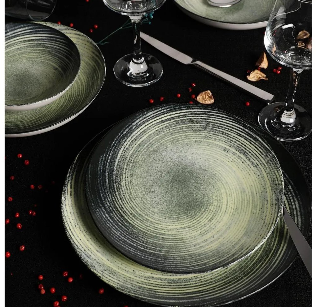 24 részes porcelán étkészlet, zöld/fekete