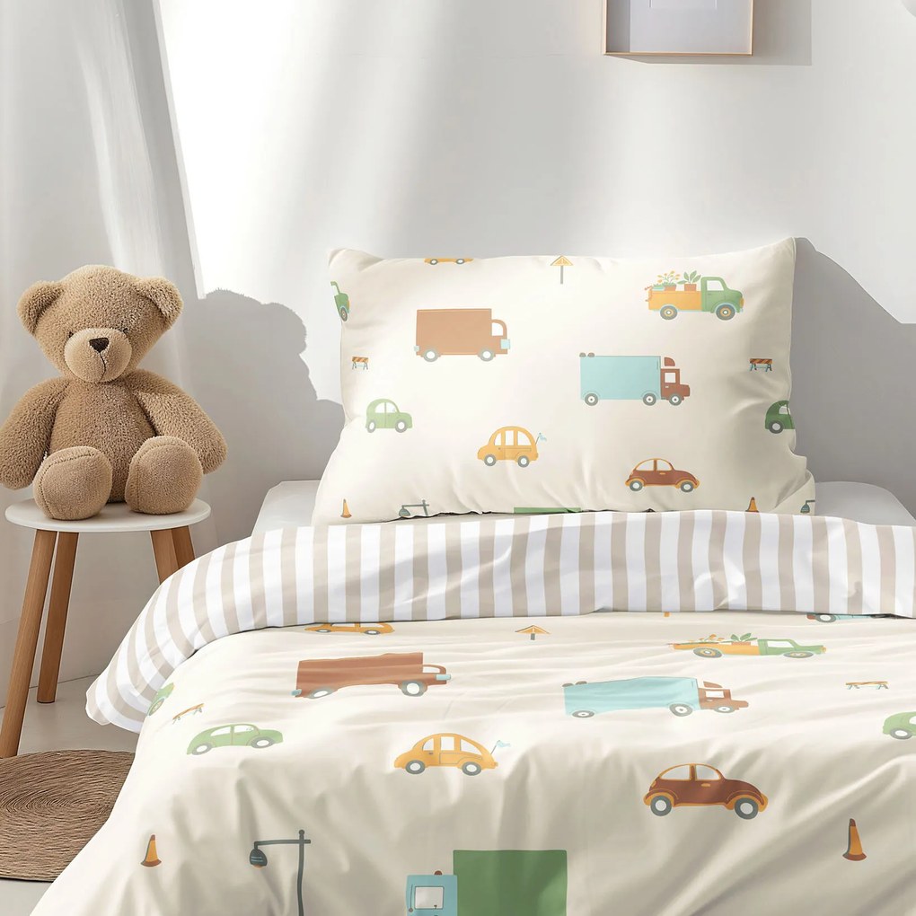 Goldea gyermek pamut ágyneműhuzat - az autók világa, latte csíkos hátoldal 150 x 200 és 50 x 60 cm