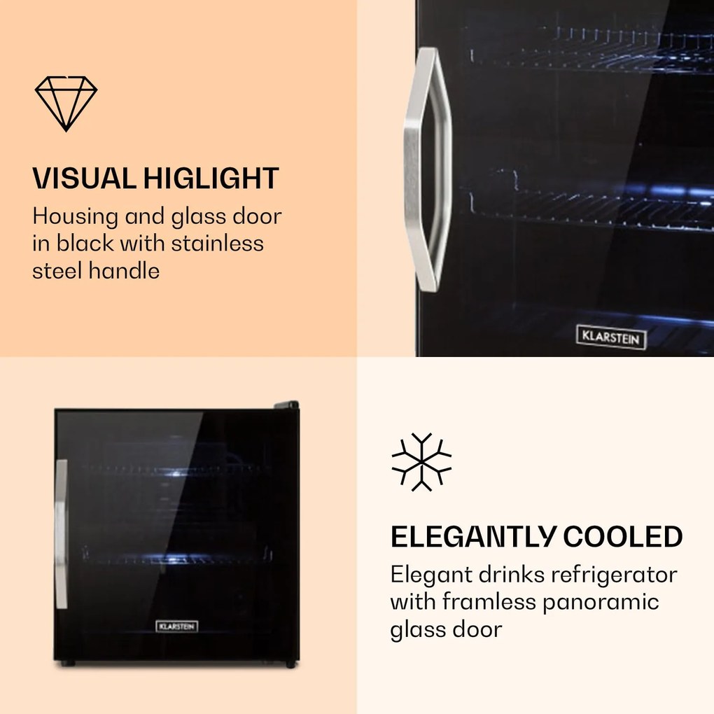Klarstein Beersafe L Onyx, hűtőszekrény, E energiahatékonysági osztály, LED, fém rácsok, üvegajtó, fekete