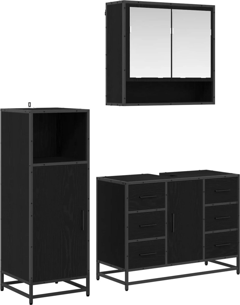 vidaXL Fürdőszoba bútor szett fiókkal 3 pcs Fekete tölgy Faanyag