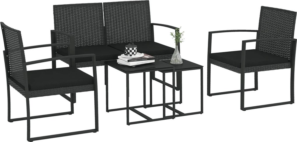 Outsunny Műrattan Kerti Bútor Készlet 5 Darabos Kültéri Kanapé Szett 2 Egyszemélyes Kanapéval, 1 Kétszemélyes Kanapéval és 2 Kávézóasztallal Teraszra