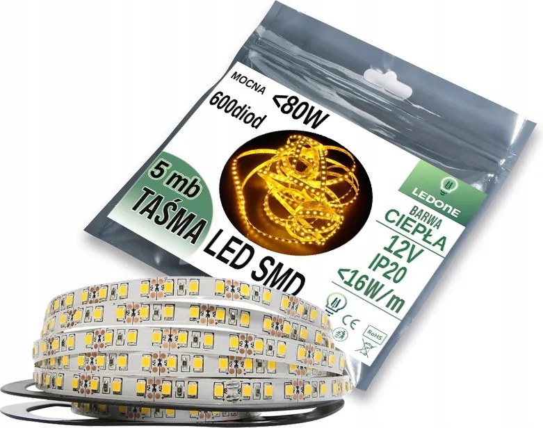 Erős 12V 16W/m Prémium Led szalag 2835 600 IP20 5m