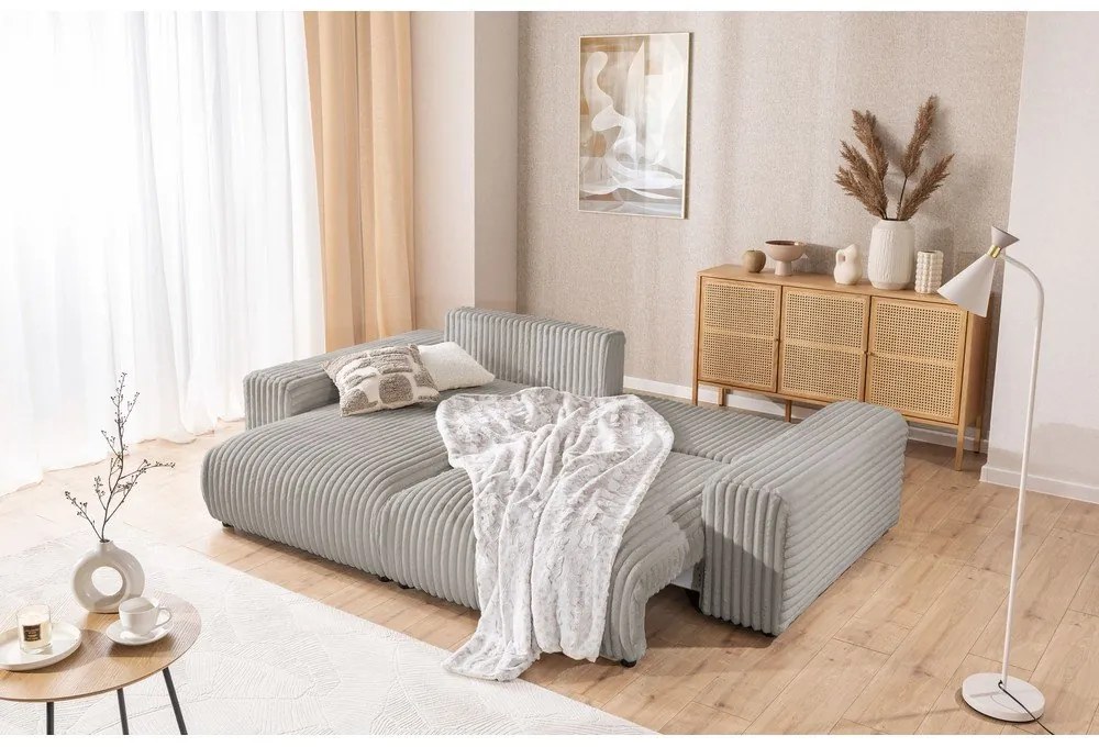 Világosszürke kordbársony kinyitható-tárolóhelyes sarokkanapé (bal oldali) Sarina – Ropez