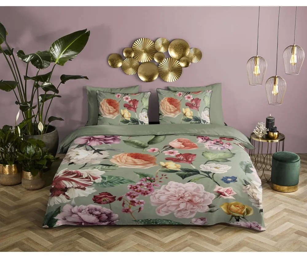 Zöld egyszemélyes-hosszabbított pamut-szatén ágyneműhuzat 140x220 cm Fiori – Descanso