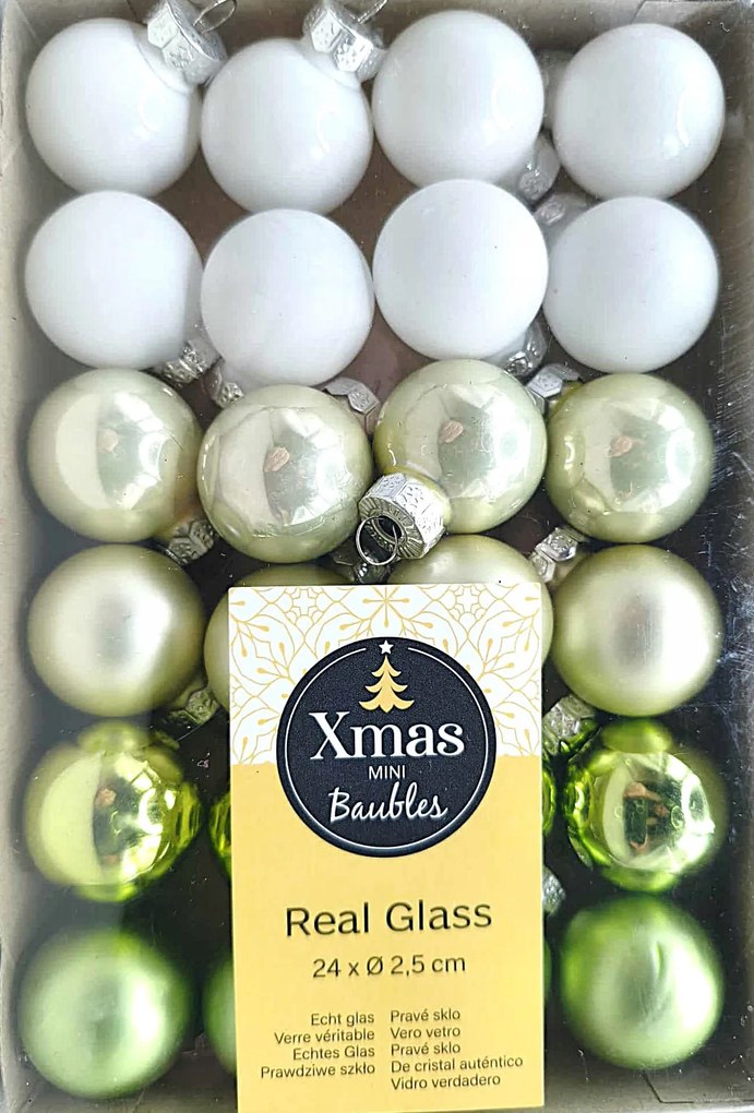 Üveggömbök 24 db Ø 2,5 cm egyenként 8 db fehér, zöld és zöld