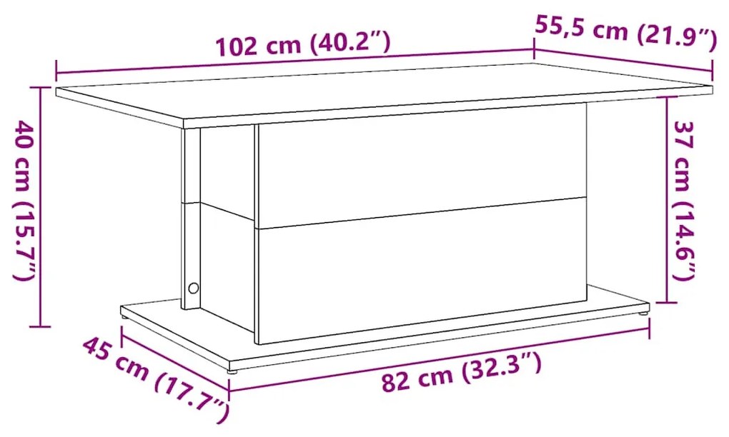 antik fa színű szerelt fa dohányzóasztal 102 x 55,5 x 40 cm