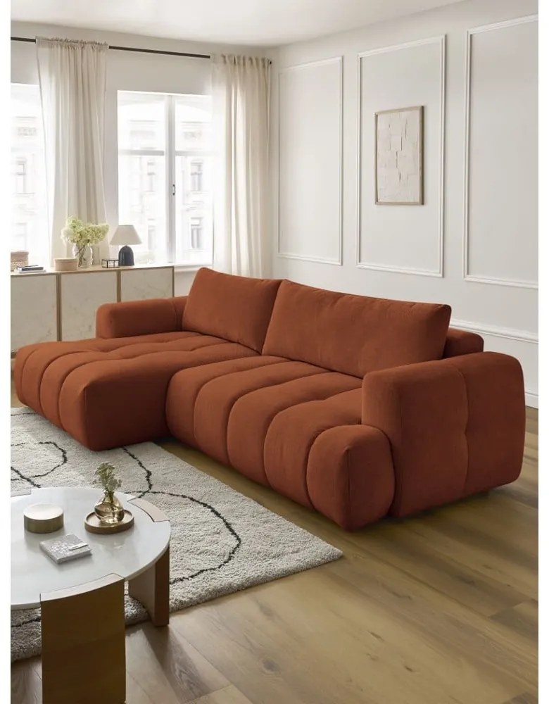 Téglavörös kinyitható-tárolóhelyes sarokkanapé (bal oldali-heverő résszel) Fuji – Bobochic Paris