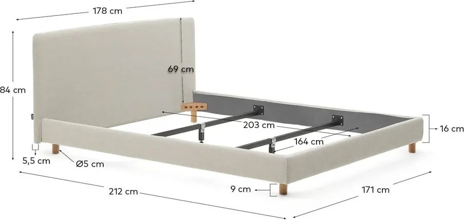 Szürke kárpitozott franciaágy ágyrács nélkül 160x200 cm Valma – Kave Home