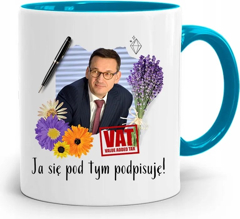 Kék Politikus Bögre Mateusz Morawiecki Miniszterelnök fényképes nyomtatással
