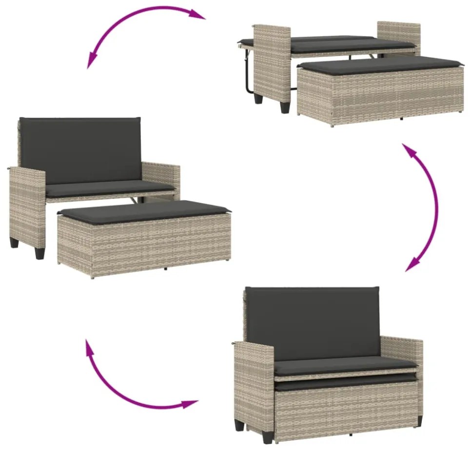 világosszürke polyrattan kerti pad párnákkal és lábtartóval