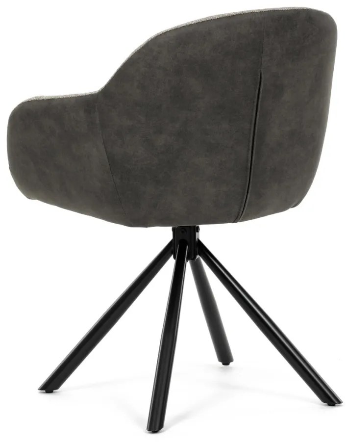 Scaun de sufragerie pivotant, țesătură bej și țesătură gri închis, cu decor vintage din piele, metal negru, rotativ P90°+ L90° cu mecanism de retragere