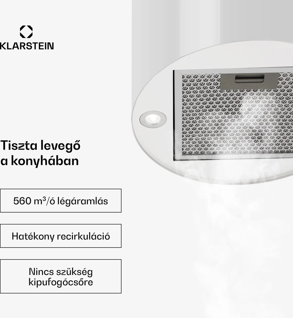 Klarstein Barett, sziget páraelszívó, Ø 35 cm, légkeringetés, 522 m³/ó, LED, aktívszén szűrő, fehér