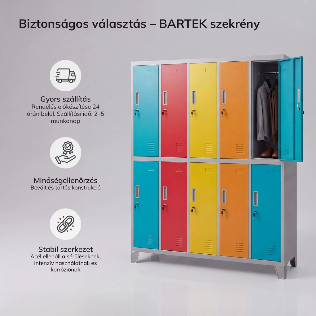 BOZP öltözőszekrény 10 ajtós szürke-többszínű: BARTEK 1360 x 1720 x 450 mm