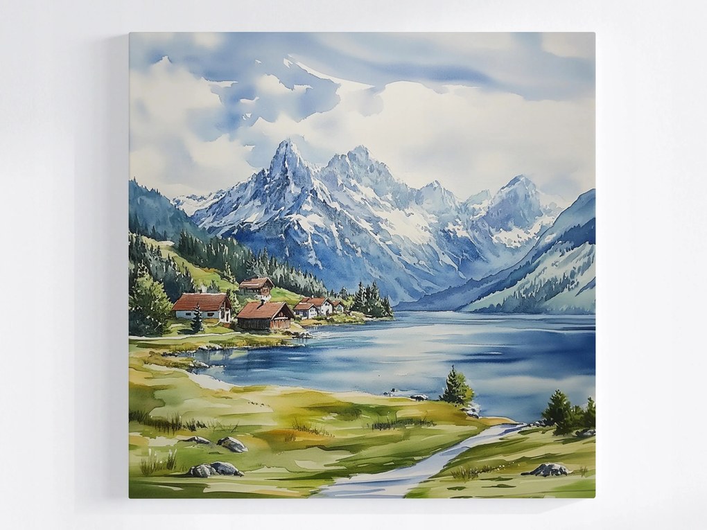 Poszter Tájkép Hegyek Csúcsok Alpok Tó Házak Falu 80x80