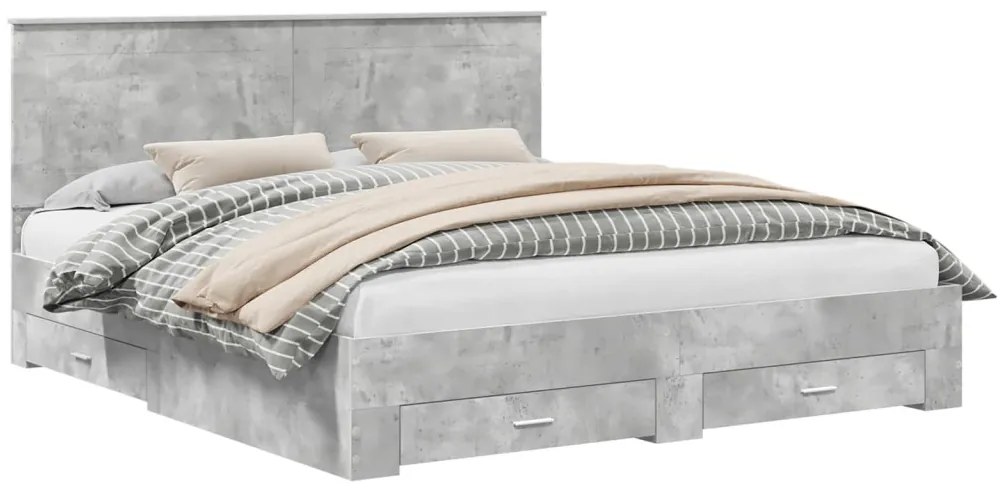 vidaXL Ágykeret fejtámlával fiókkal Beton Szürke 200 x 200 cm Faanyag