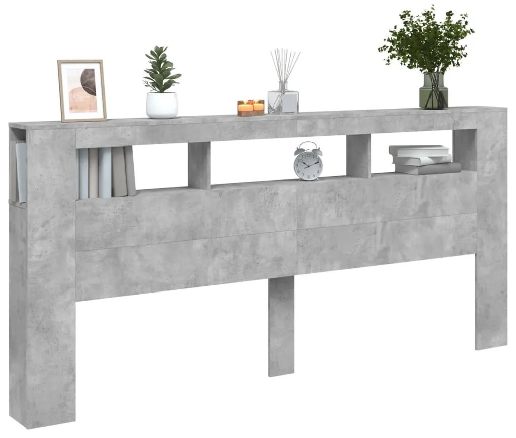 betonszürke szerelt fa LED-es fejtámla 220x18,5x103,5 cm