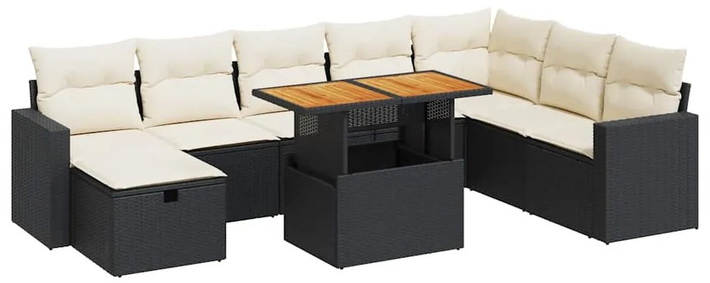 vidaXL 9 részes fekete polyrattan akácfa kerti ülőgarnitúra párnákkal