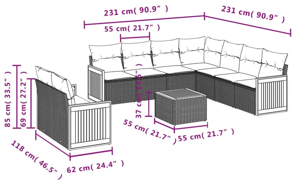 10 részes bézs polyrattan kerti ülőgarnitúra párnával