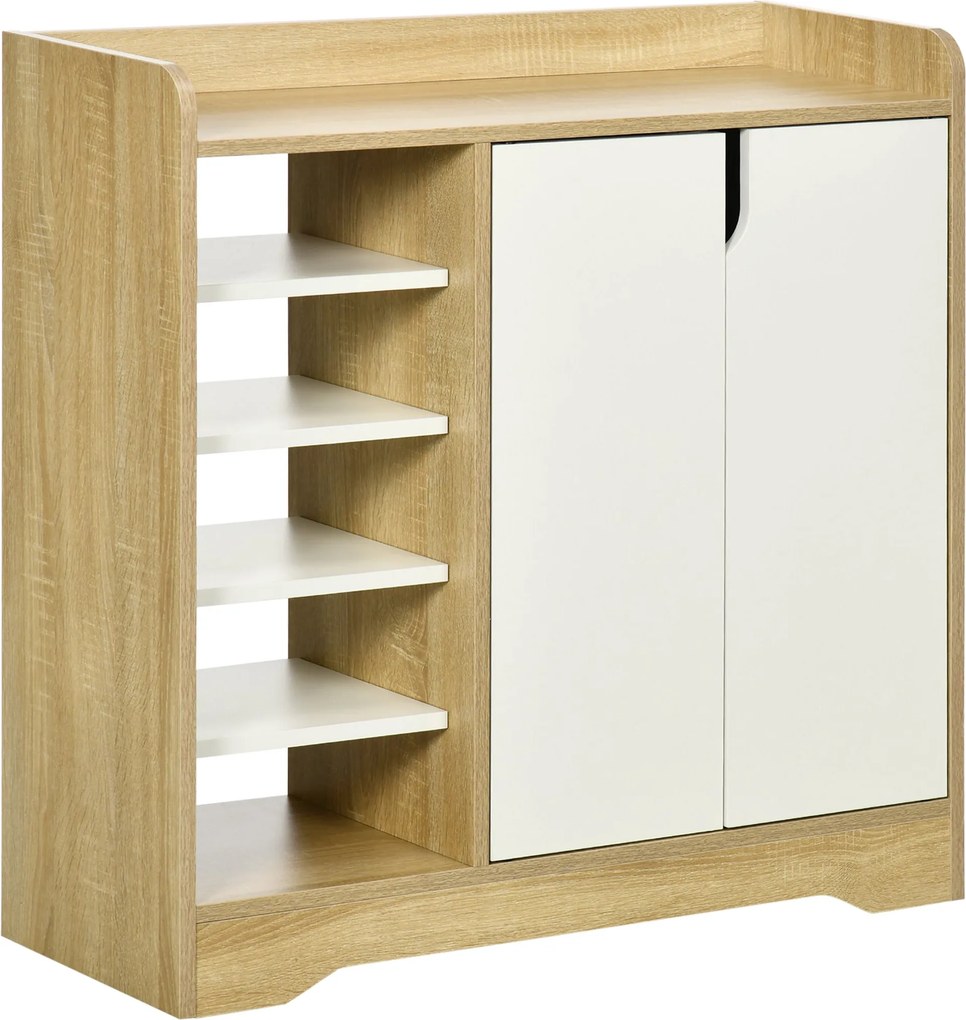 HOMCOM Modern Cipőszekrény - Keskeny Cipőtartó 2 Ajtóval, Tárolós polcok 13 Pár Cipőhöz Előtérbe 80x30x80 cm Természetes és Fehér | Aosom