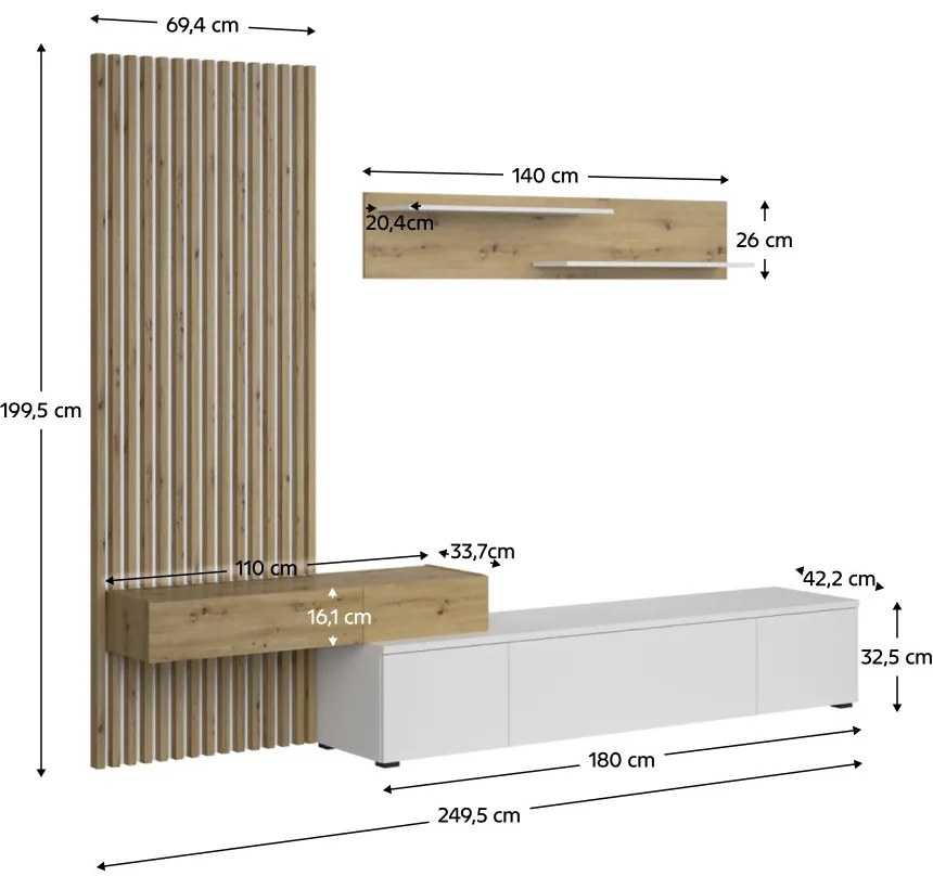 Nappali fal, fehér/artisan tölgy, REBEKA PLUS