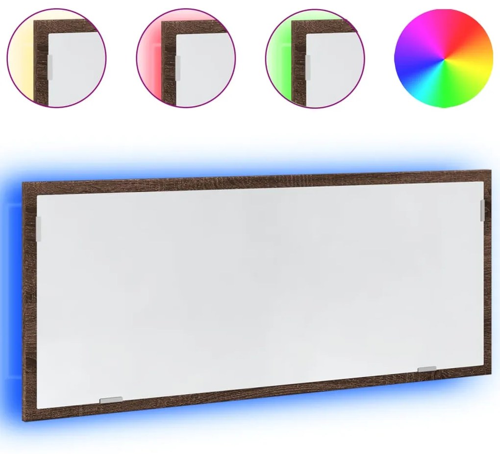 barna tölgy szerelt fa LED-es fürdőszobatükör 100x8,5x37 cm