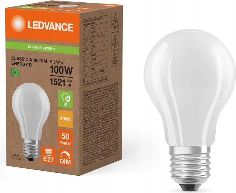 Led izzó E27 A60 8.2W 100W 1521lm 2700K 300° Tompítható