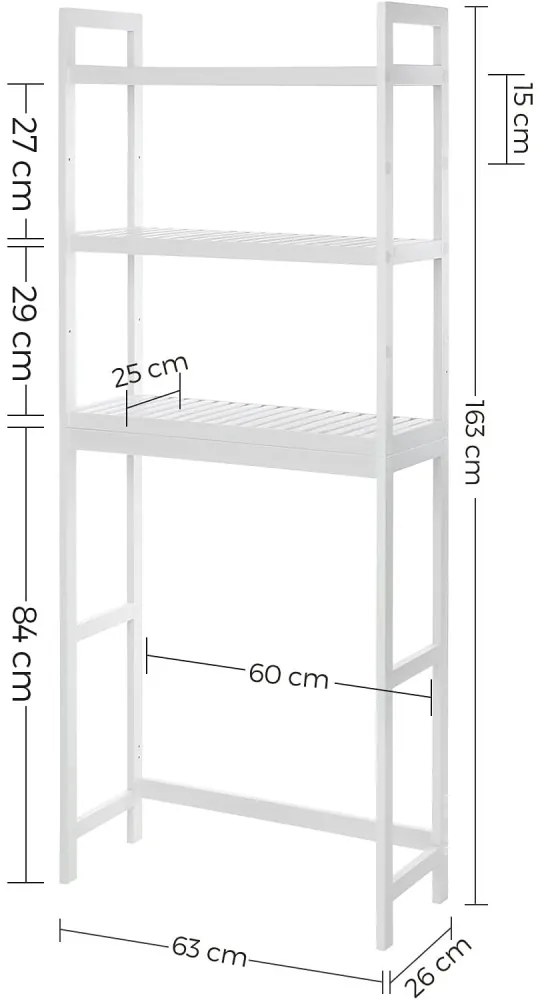Mosógép feletti tárolószekrény, bambusz fürdőszoba szekrény, fehér 63x26x163cm