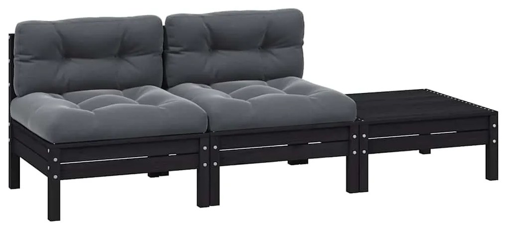 vidaXL 3 részes fekete tömör fenyőfa kerti ülőgarnitúra párnákkal