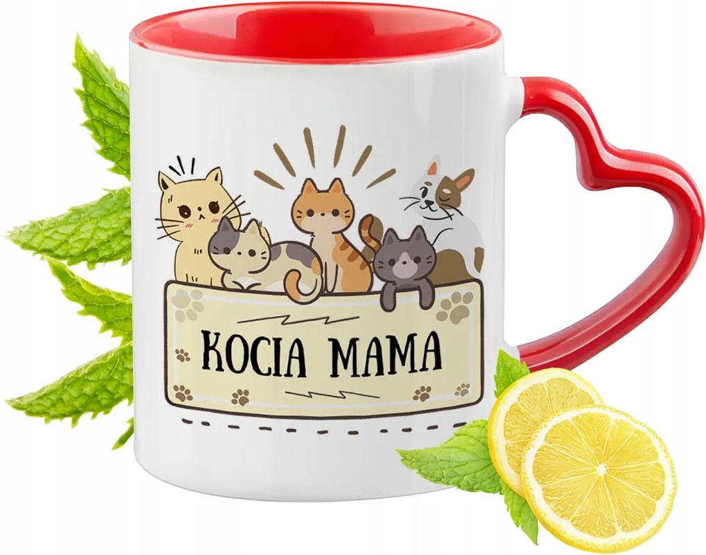 Cica Cicák Piros Bögre Szív Alakú Füllel Ajándék