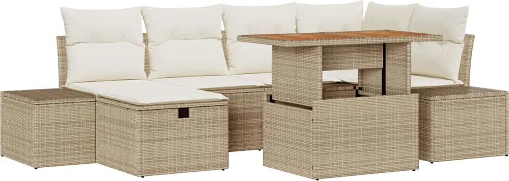 vidaXL Kerti Kanapé Szett párnával tárolóval 7 pcs Bézs polirattan
