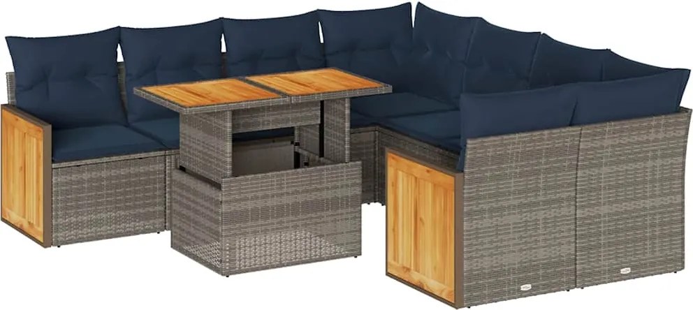 vidaXL 9 részes szürke polyrattan akácfa kerti ülőgarnitúra párnákkal