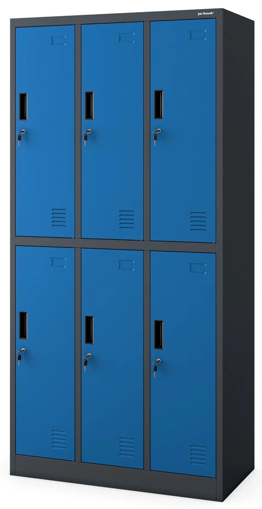 Fémöltözőszekrény – IGOR 6 ajtós szekrény, 900 x 1850 x 450 mm, antracit-kék