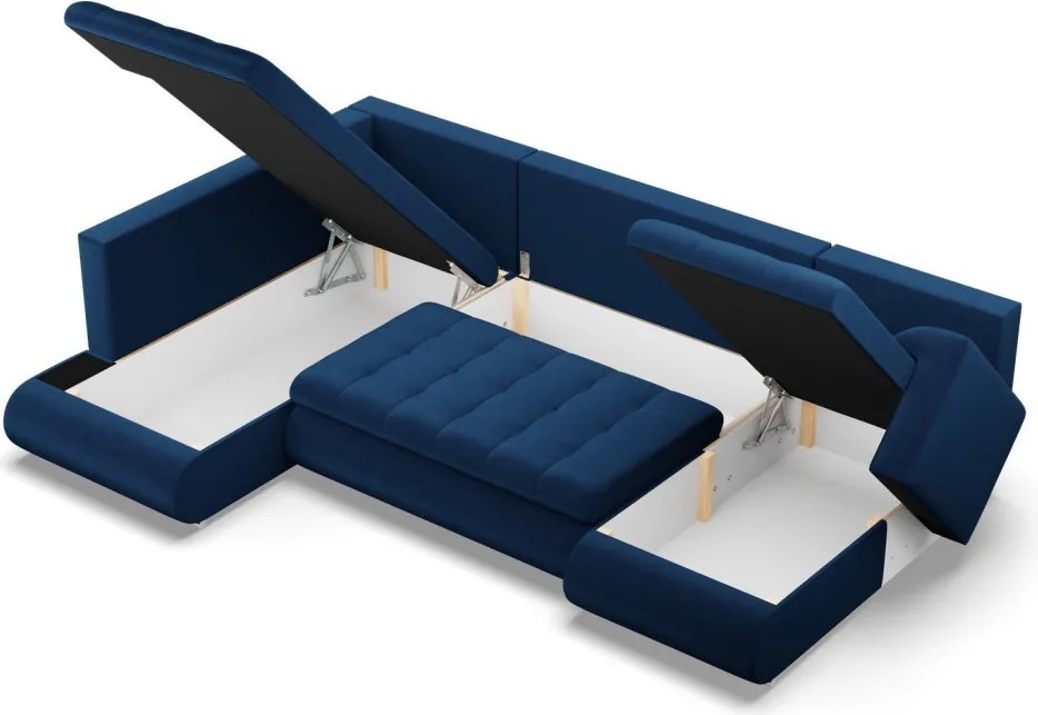 Tokio U sarokkanapé, 3 ágyneműtartóval, bársony, baloldali, kék