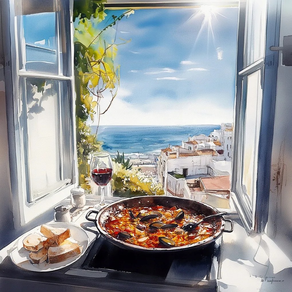 Canvas Vászonkép Ablak Konyha Tenger Paella Bor Spanyolország 80x80