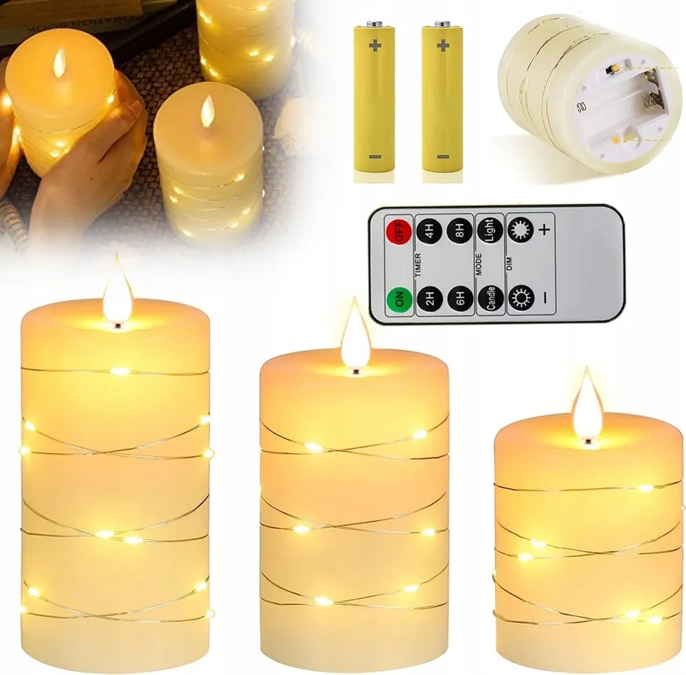 Lángmentes Gyertyák, 3 Db-os Csomag, Led Fénylánccal, Időzítővel És Távirányítóval