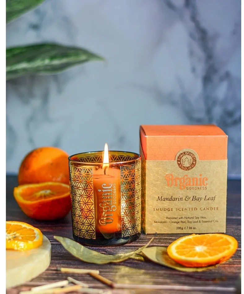 Organikus füstölő gyertya Mandarin &amp; Bay Leaf200 g üvegben, aranyfóliával