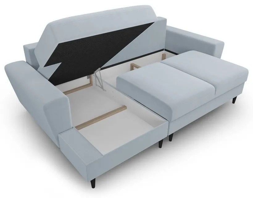 Világoskék bársony kinyitható tárolóhelyes sarokkanapé (bal oldali-heverő résszel) Kyoto – Cosmopolitan Design