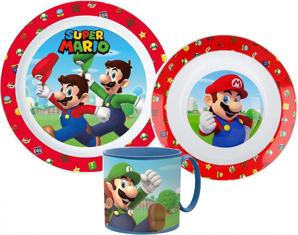 Super Mario Mushroom Kingdom étkészlet, micro műanyag szett bögrével 265 ml