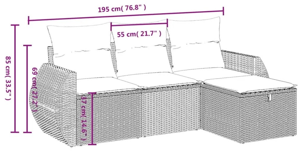 4 részes fekete polyrattan kerti ülőgarnitúra párnákkal