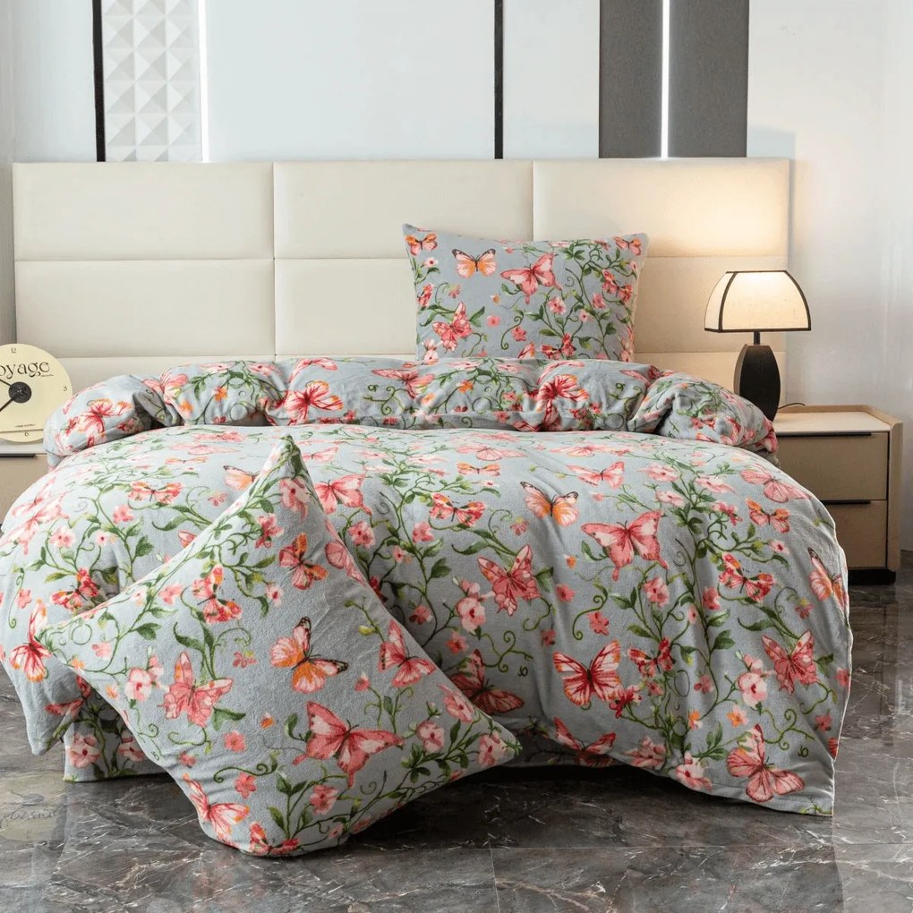 Mikroplüss ágyneműhuzat RÓZSASZÍN PILLANGÓ szürke Ágyneműhuzat mérete: 70 x 80 cm | 140 x 200 cm