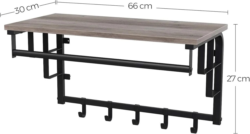 Szürke polc akasztókkal TAYLOR TRUFFLE 66x30x27 cm