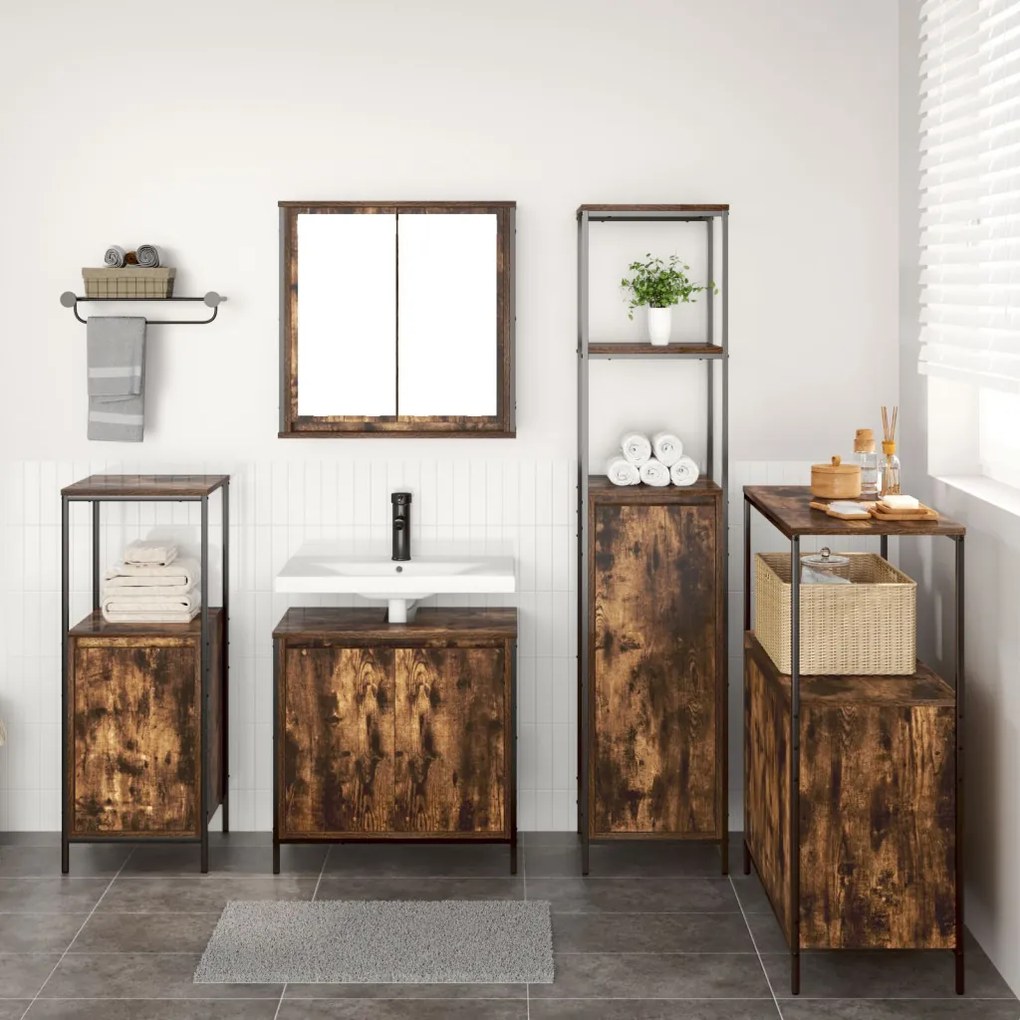 vidaXL Fürdőszoba bútor szett polcokkal 5 pcs Füstölt tölgy és Fekete