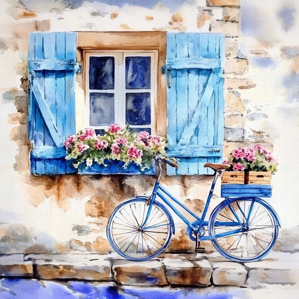 Vászonkép Canvas Kék Kerékpár Ablak Virágok Kilátás Képeslap 80x80