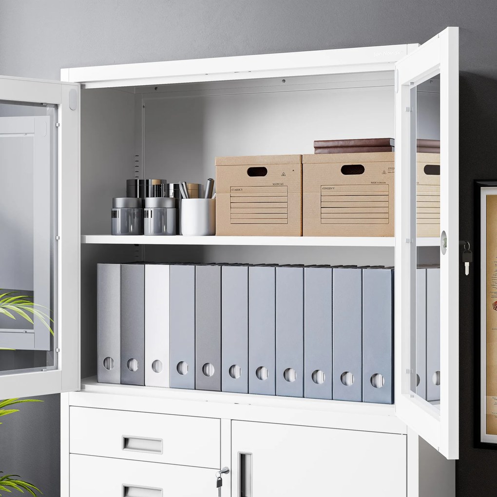 Fém iratszekrény széffel, vitrinnel és fiókokkal FILIP, 900 x 1850 x 400 mm, fehér