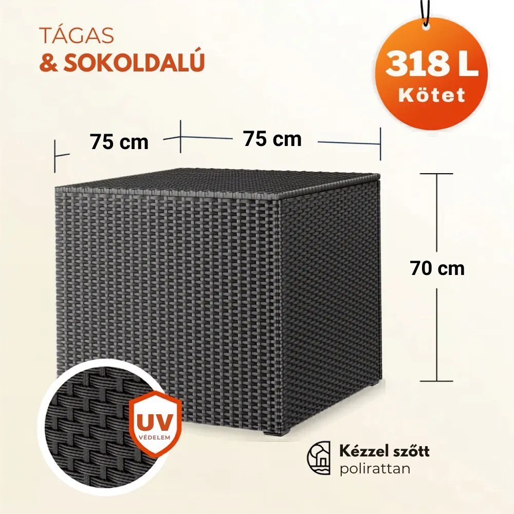 RICCO polyrattan tárolódoboz, 318L, 75x75x70 cm, fekete Casaria