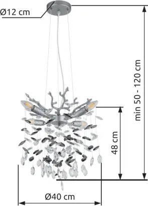 Globo 64138HS Csillár fém ezüst színű matt, füstszínű/átlátszó üveg kristályok, magssága rövidíthető, ø: 400mm, M: 1200mm, 4x E14 40W 230V izzók nélkül